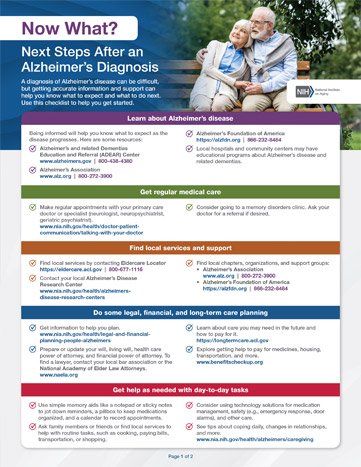 Next Steps after an Alzheimer's Diagnosis checklist, click link below or image to view