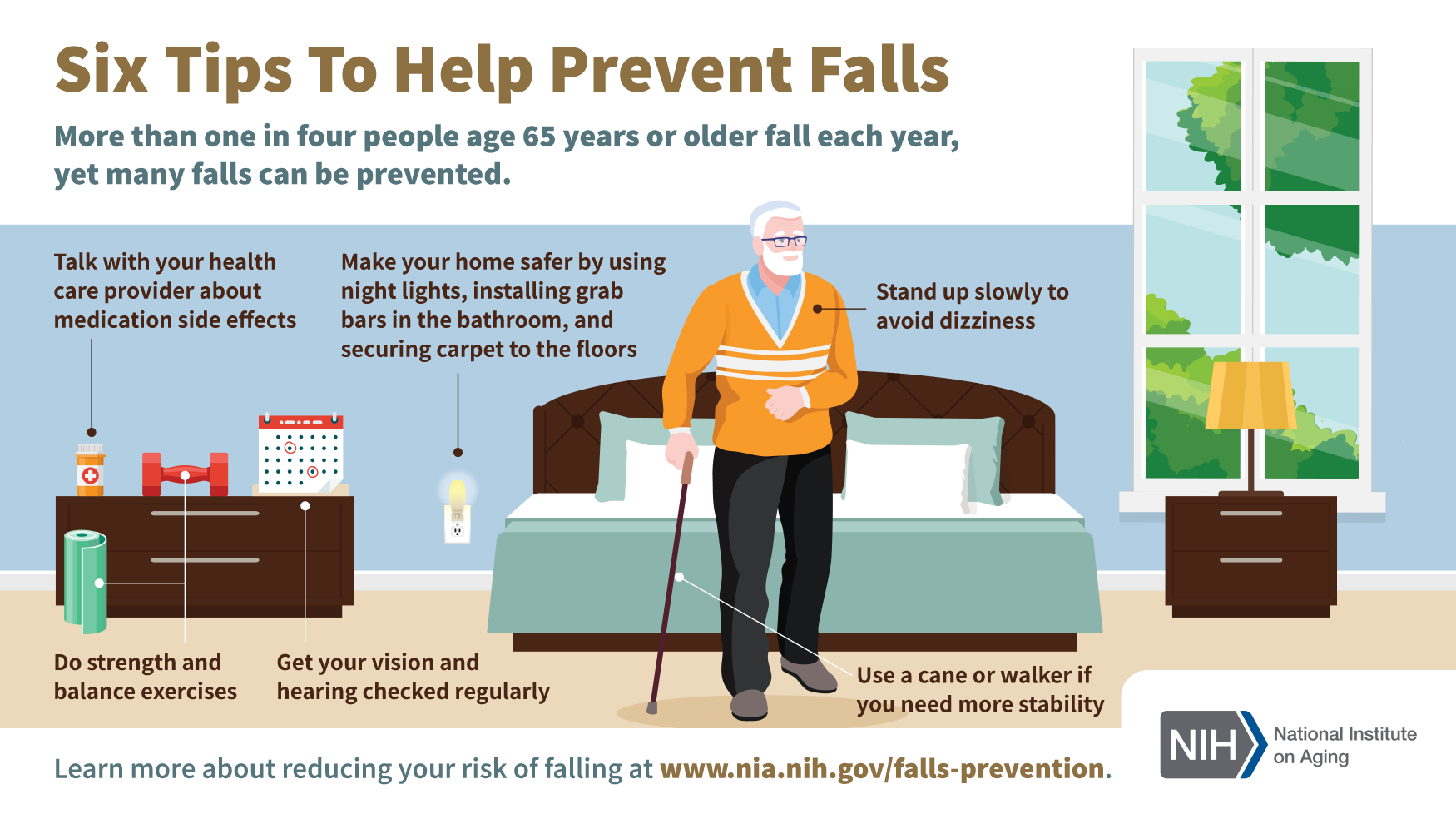Six Tips To Help Prevent Falls infographic, see transcript below or click open PDF for full text.
