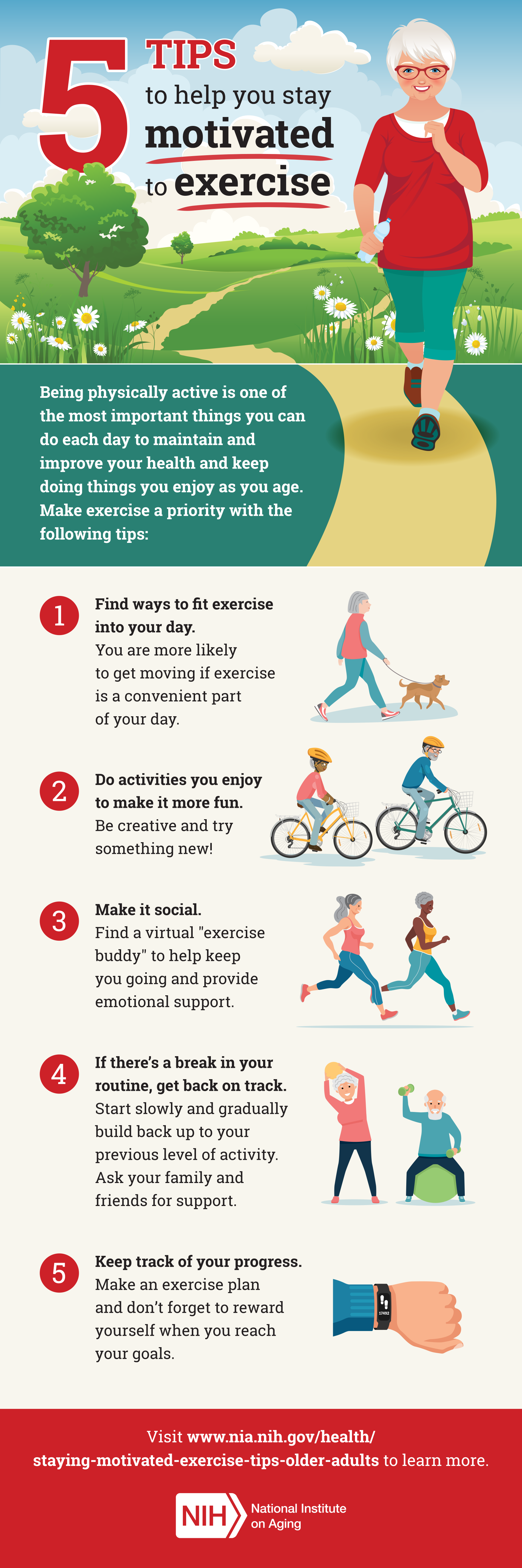 5 tips to help you stay motivated to exercise infographic. See full transcript below.