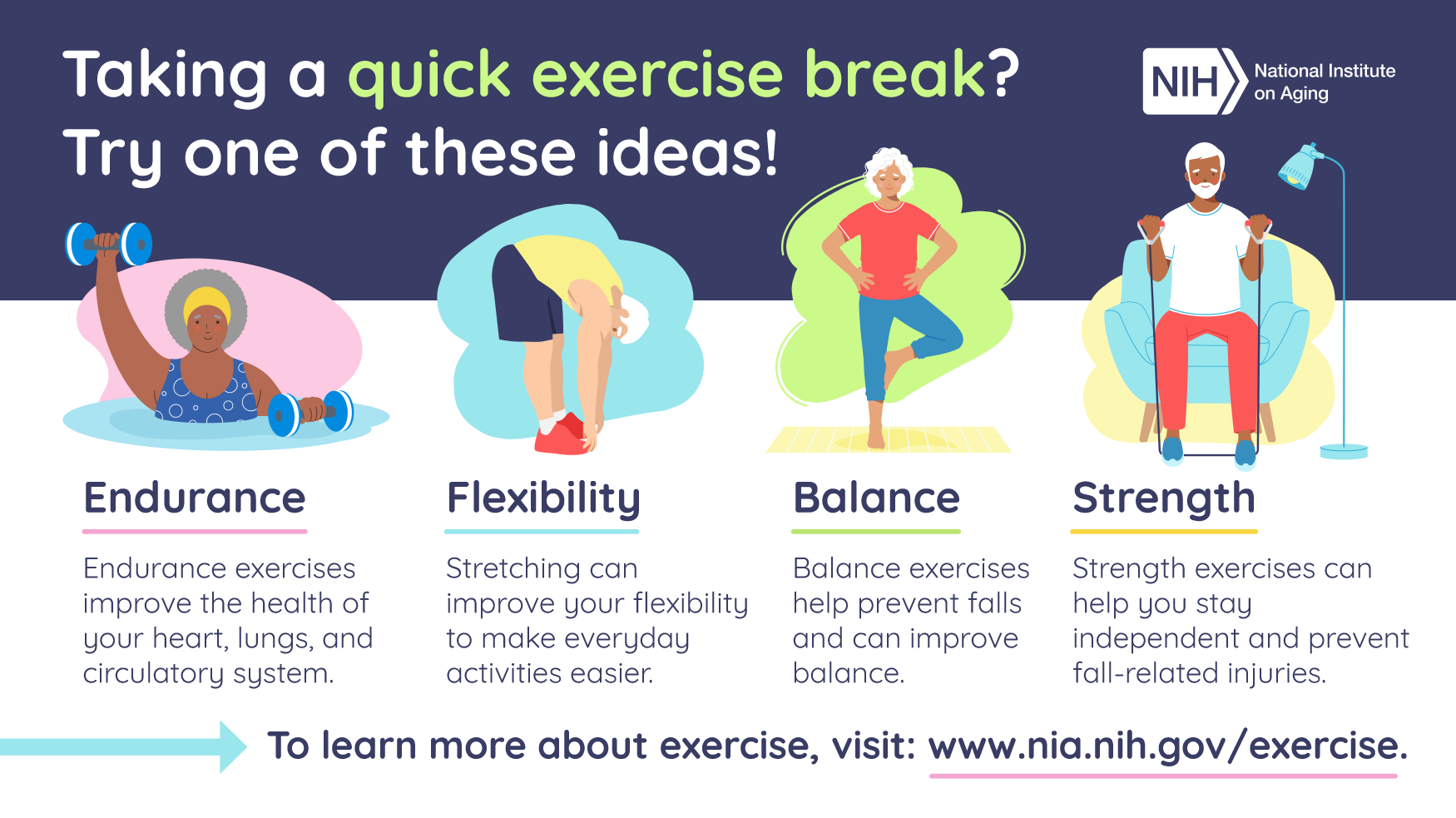 Four Types of Exercise infographic. See full transcript on webpage or open PDF