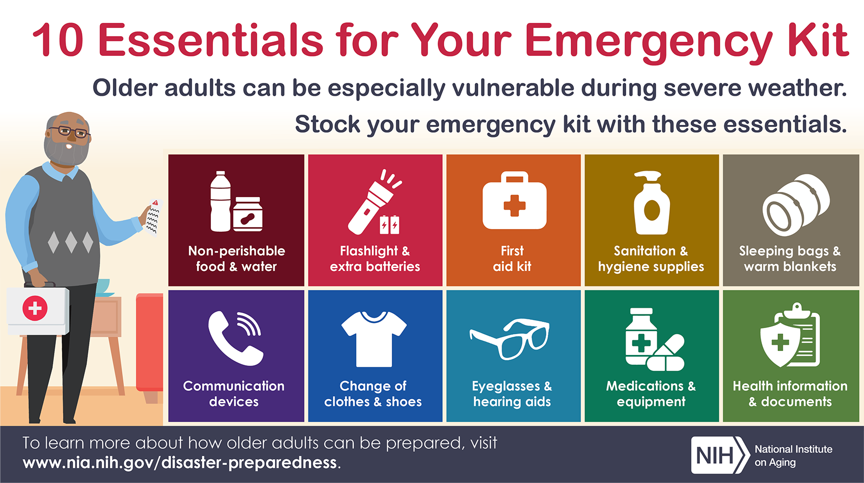 10 Emergency Kit Essentials infographic. Click open PDF or see transcript for full text.