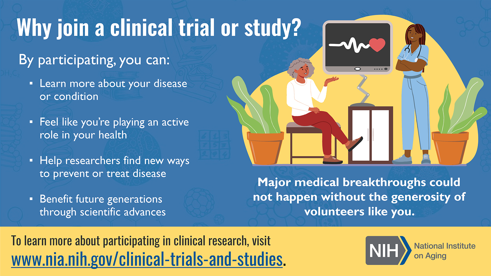 Why join a clinical trial or study? infographic. Open transcript for full description