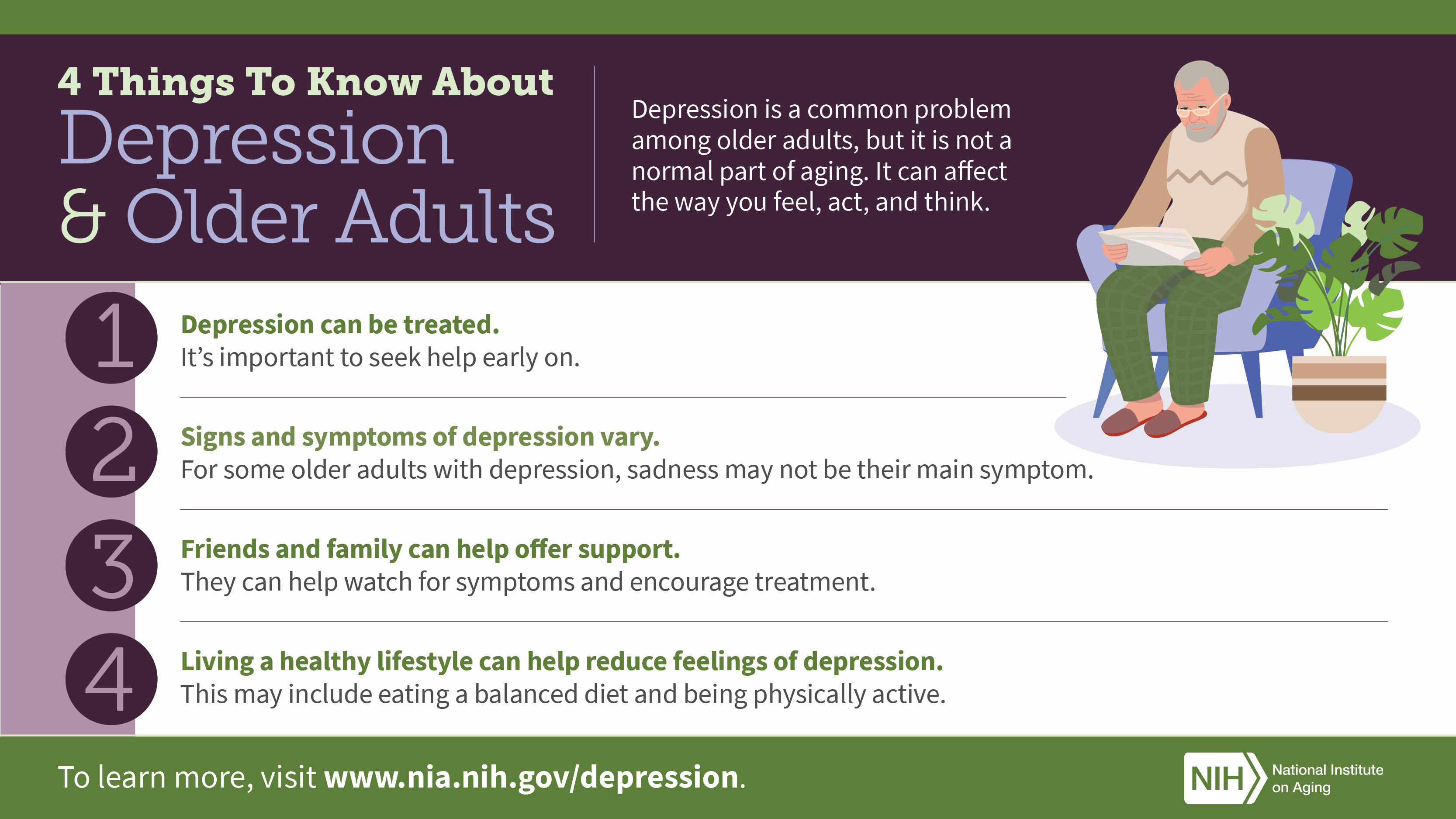 4 Things To Know About Depression and Older Adults infographic. Full transcript below.