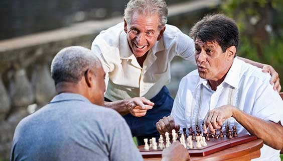 3 older men playing chess in the park