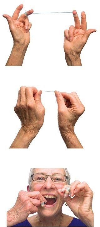 series of 3 photos showing how to floss your teeth