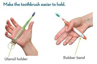 two hands show how to make a toothbrush easier to hold with a utensil holder and a rubber band