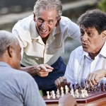 3 older men playing chess in the park